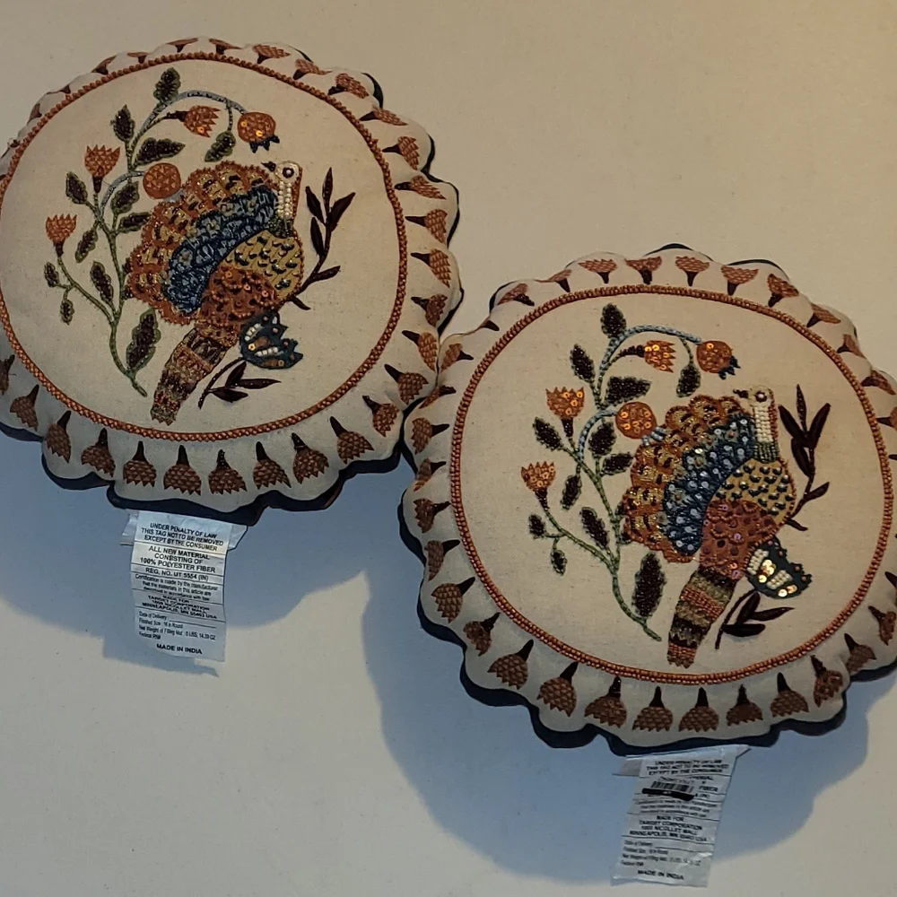 Threshold Embroidered And Beaded Ornate Bird Pillows (2) - Cream, Orange, Teal